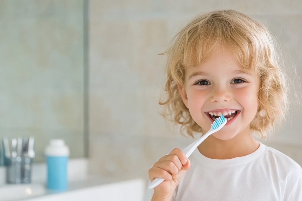 A cheerful child demonstrates effective brushing techniques in a well-lit bathroom, promoting dental health awareness through engaging visuals and friendly instruction.