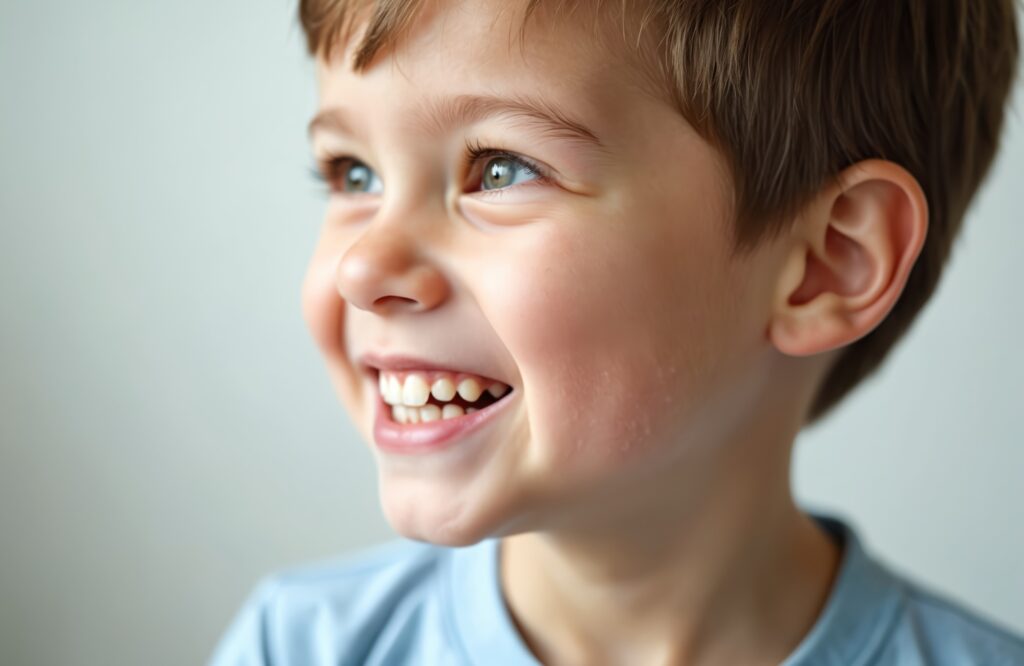 Smiling child showing healthy baby teeth. Kid demonstrate perfect bite and dental care. Pediatric dentistry and periodontology caries treatment to, prevent decay in young age. Dental hygiene.