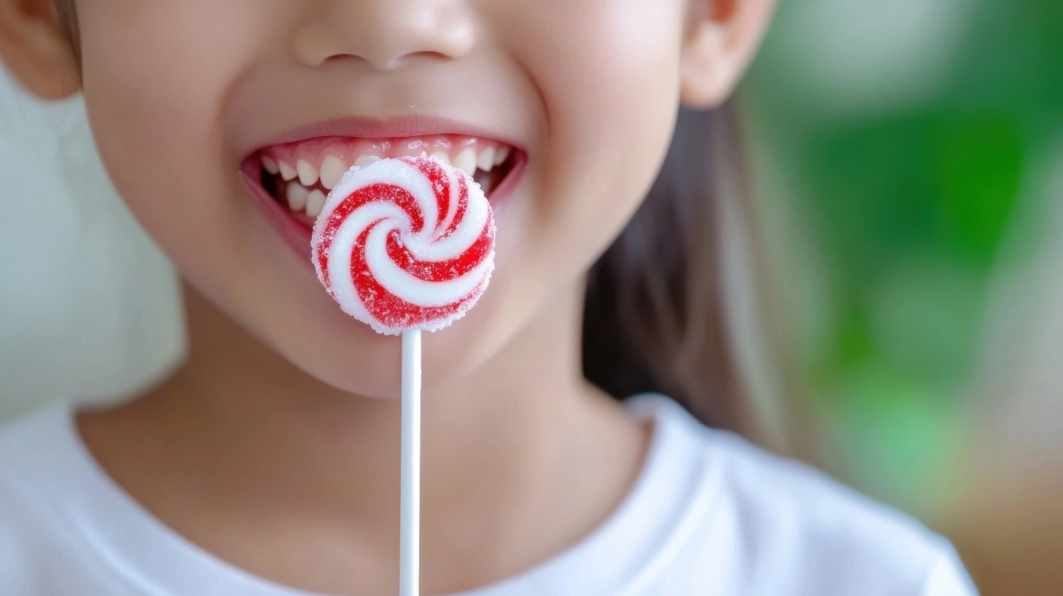 Close up of child with red and white swirl lollipop, smiling, enjoying the sweet treat.