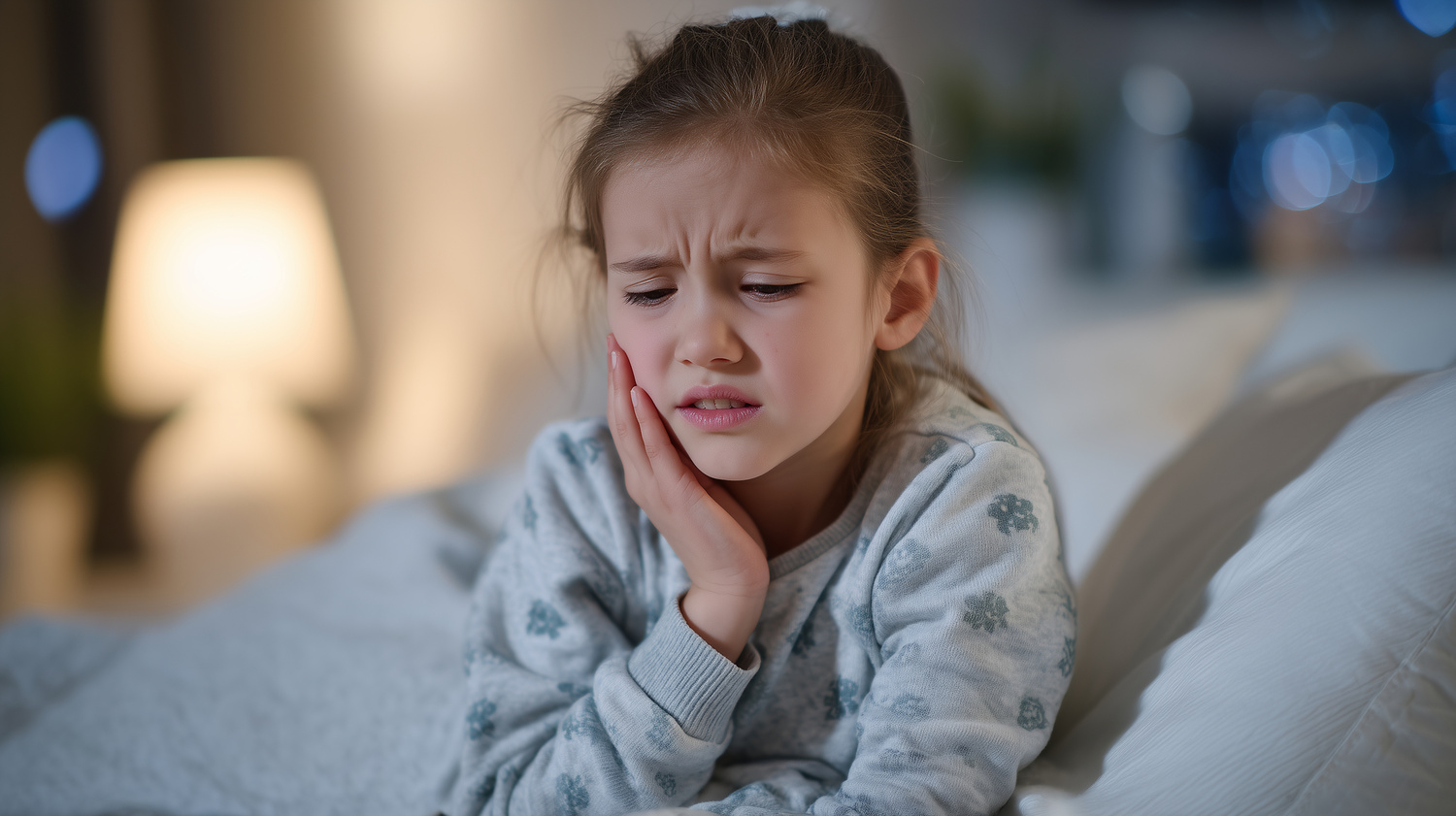 A child in pajamas holds her jaw in distress, eyes puffy from crying, illuminated by the soft glow of a bedside lamp as she suffers from a toothache late at night