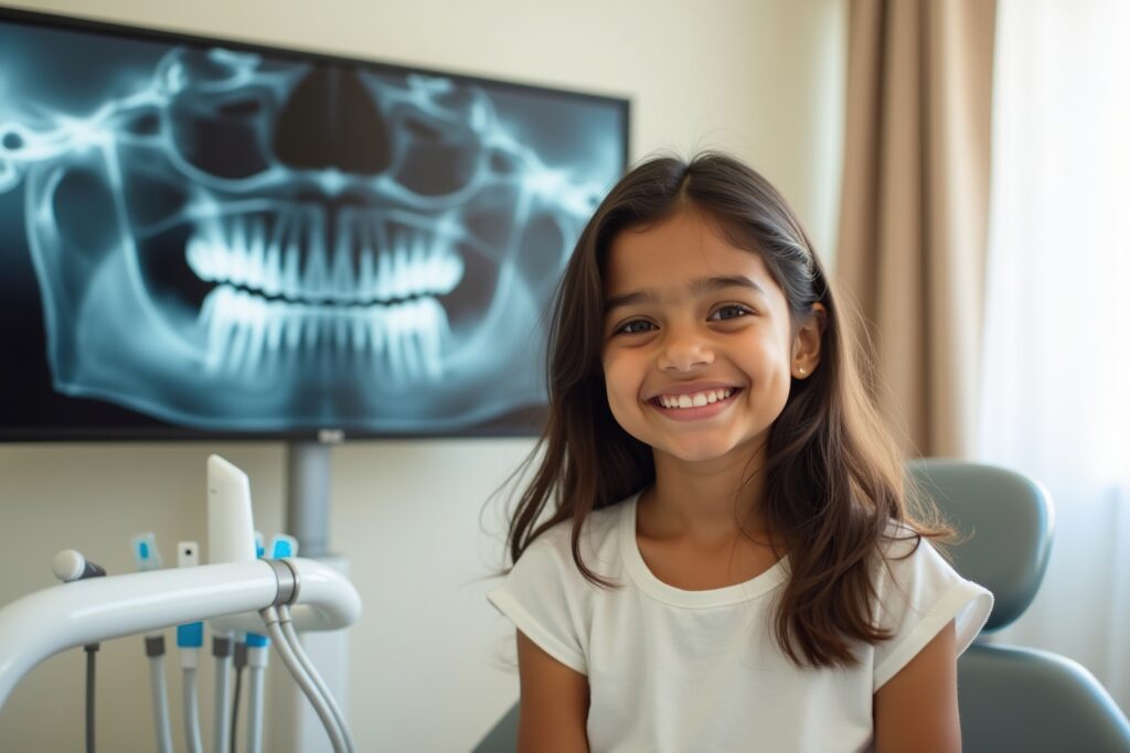 Happy girl at dental appointment smiling with teeth xray view
