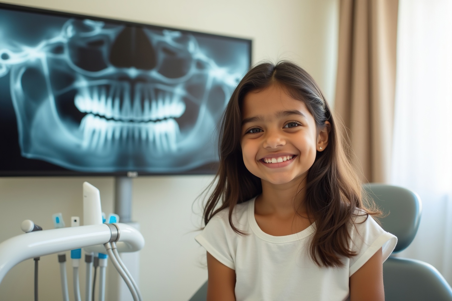 Happy girl at dental appointment smiling with teeth xray view